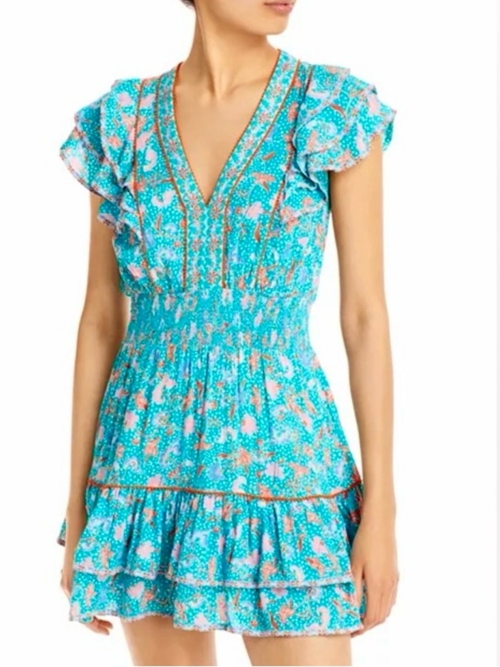 Poupette St Barth Camila Floral Duck Green Canary Ruffle Mini Dress